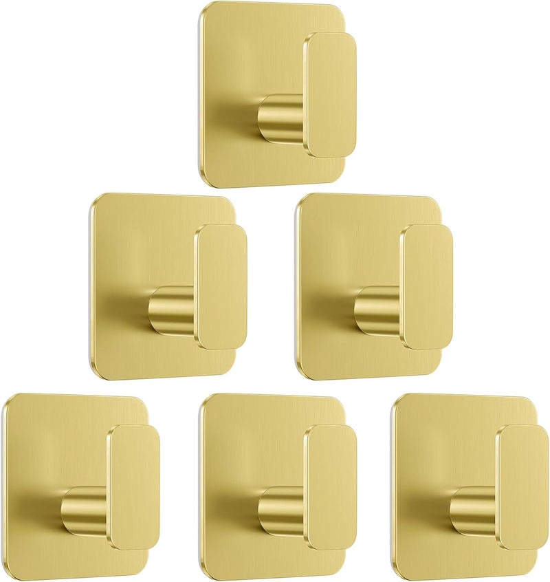 Aikzik Gold Hooks for Hanging Heavy Duty, Adhesive Hooks for Shower, Bathroom, Kitchen, Robe, Towel, Coat, Waterproof & Rustproof Hook for Walls No Damage, Stainless Steel Sticky Hook - 6 Pack - Image 1